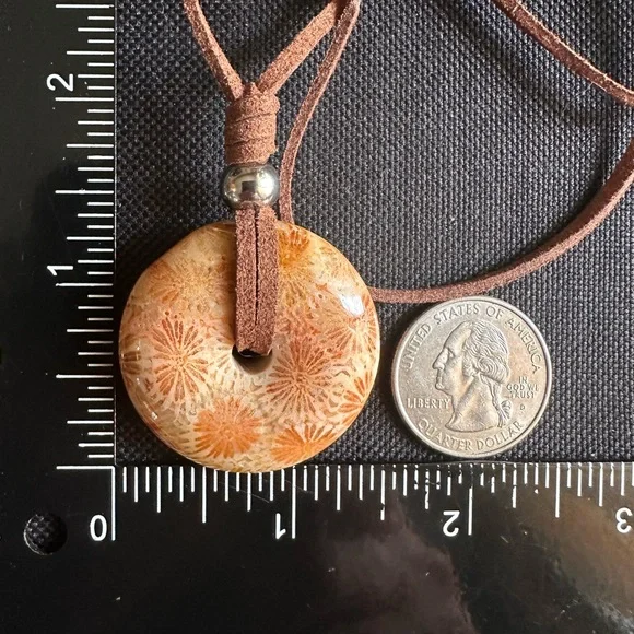 Light Yellow Coral Fossil Donut Pendant Necklace on Brown Faux Suede - Picture 10 of 11